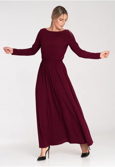 Рокля  дълга - бордо - дълги ръкави - ластик на талията - полиестер
