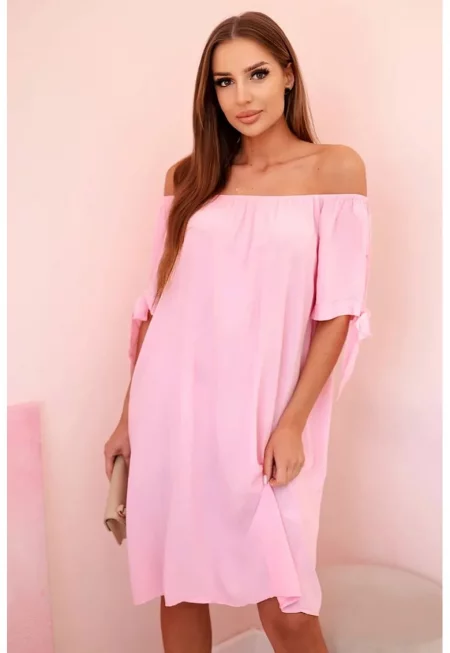 Рокля от вискоза с деколте на раменете и панделки - Един размер