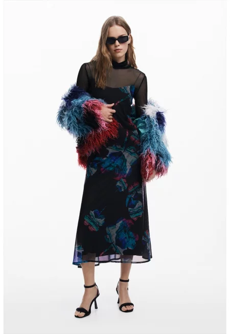 Рокля с шарка и мрежеста блуза - Червен/Черен/Син