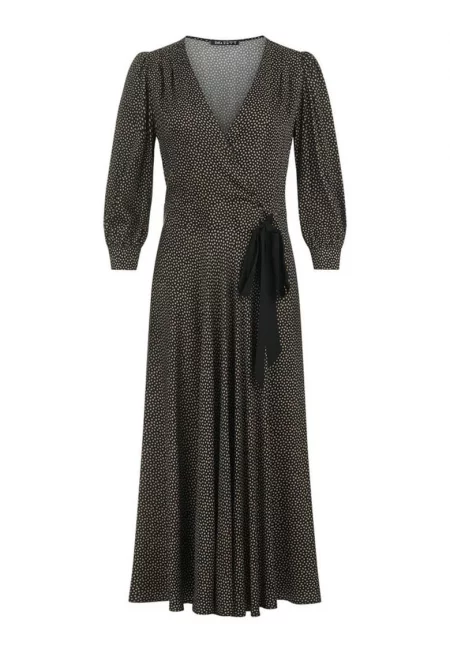 Рокля в прегръщащ стил с деликатен принт на точки