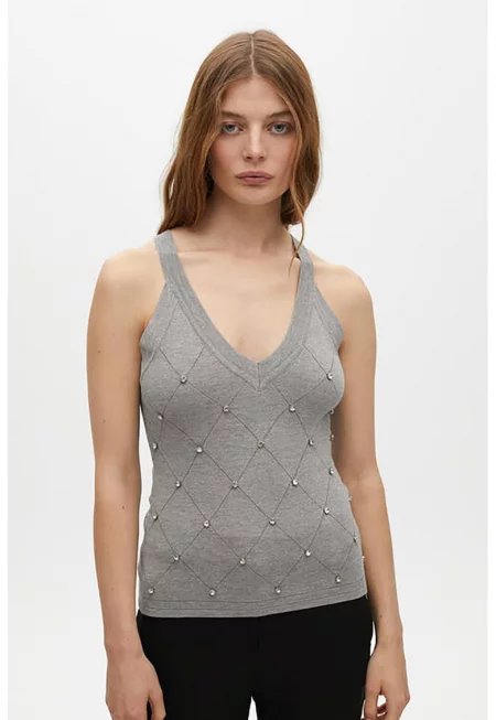 Шпиц топ с апликации - Светло сив/Сребрист