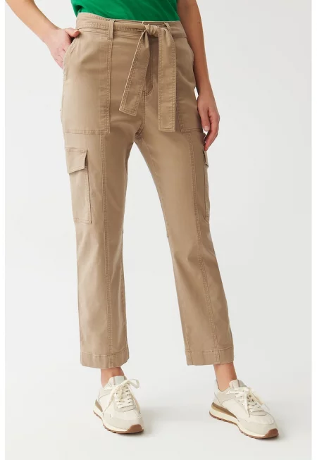 Скъсен панталон с лиосел и връзка - Тъмнобежово