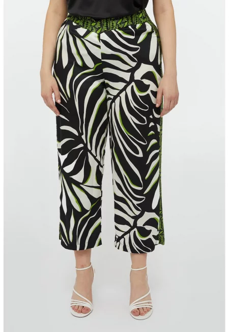 Скъсен панталон с висока талия - Бял/Черен/Лайм зелено