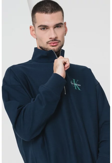 Суитшърт с къс цип и лого - Ултрамарин синьо/Папратово зелено