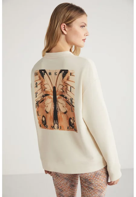 Суитшърт с памук с графична шарка - Светло бежово