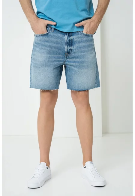 Свободни къси дънки с незавършен подгъв - Син меланж