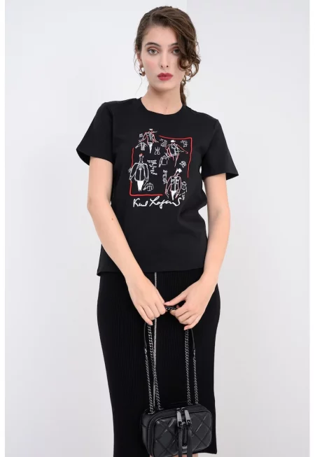 Тениска от органичен памук с графика - Червен/Черен