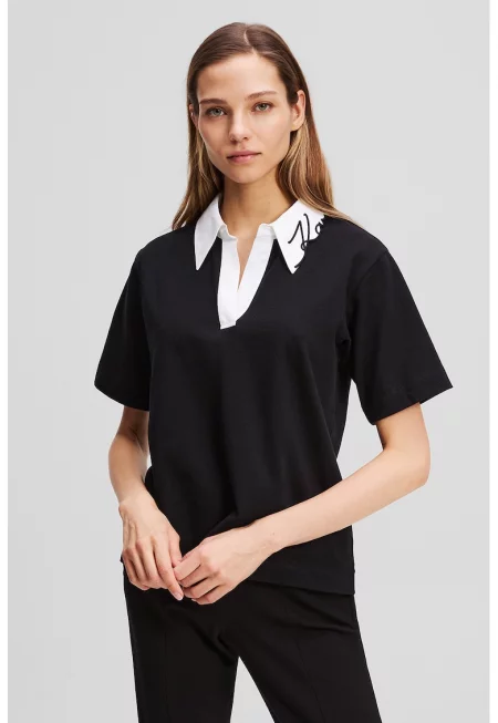 Тениска с органичен памук с контрастна яка - Черен