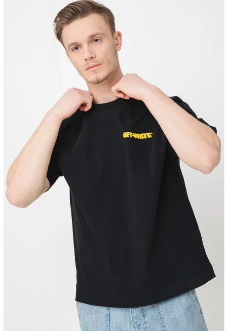 Тениска с овално деколте и надпис - Бял/Черен/Жълт