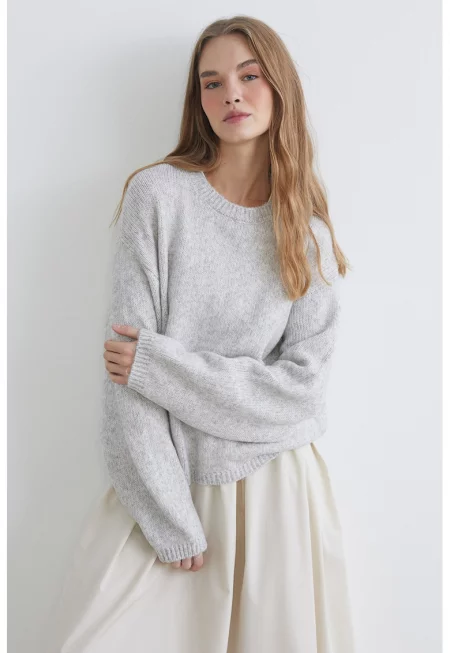 Уголемен пуловер с вълна - Светло сив