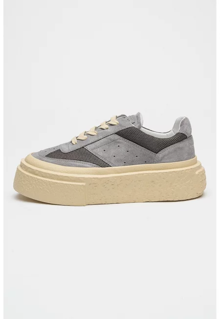 Велурени спортни обувки с равна платформа - Светло сив/Тъмно лилаво