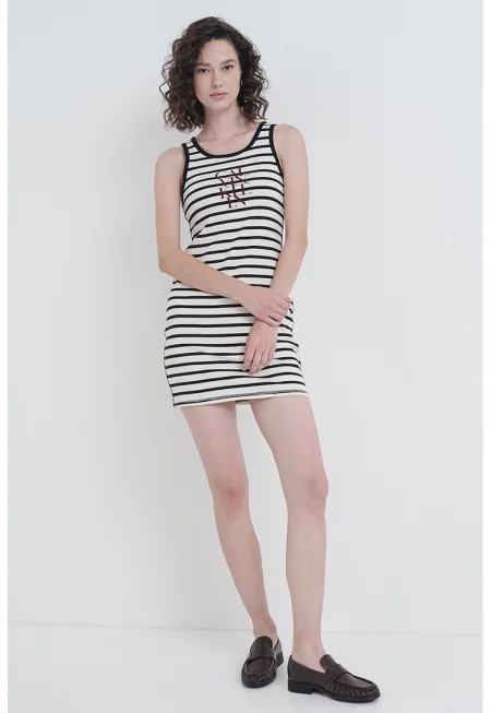 Вталена миди рокля с лого - Бял/Черен