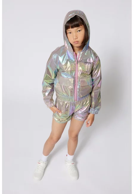 Яке с качулка с холограмен ефект и еластичен подгъв - Жълт/Розово/Син
