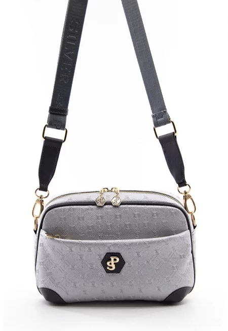 Чанта от еко кожа с лого - Антрацитно сиво/Сребрист