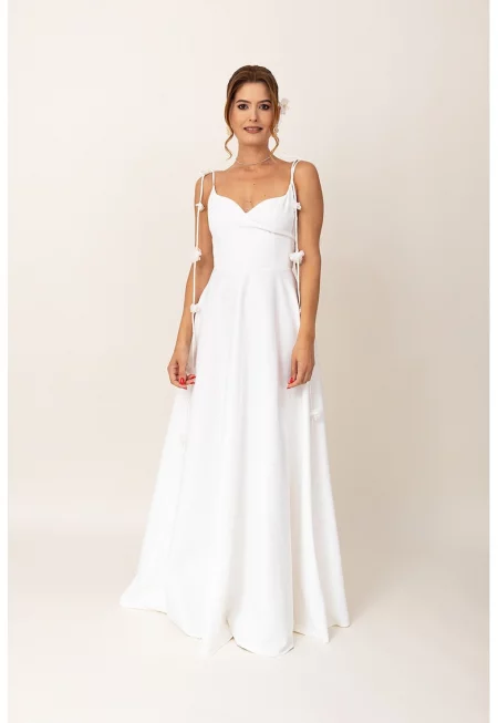 Дълга разкроена рокля с флорални детайли - Бял