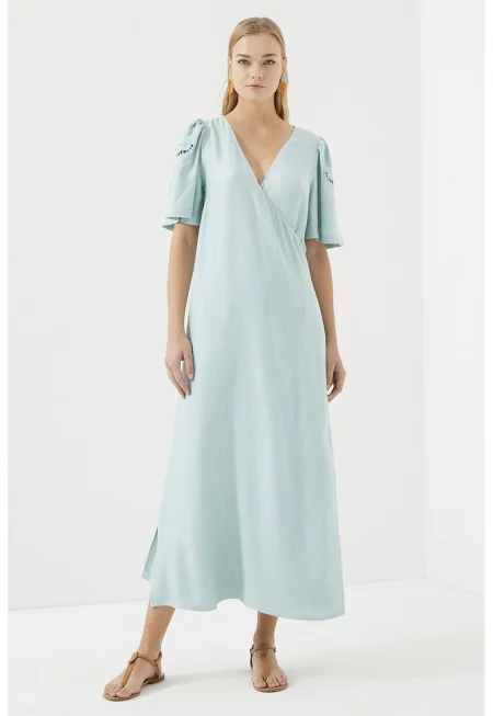Дълга рокля с ръкави тип пеперуда - Ментово зелено