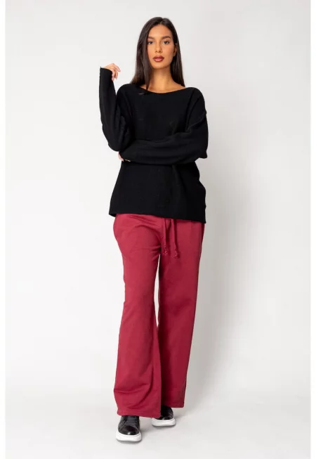 Дълги широки панталони от 100% памук Бургунди 18299