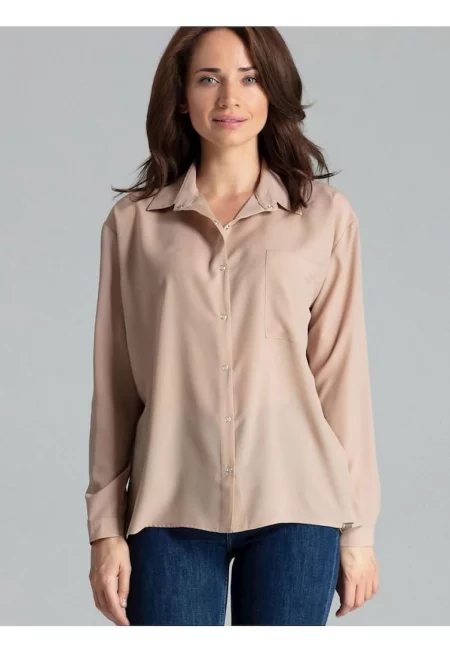 Дамска риза - Ленитиф - с дълъг ръкав - бежова - от полиестер и еластан