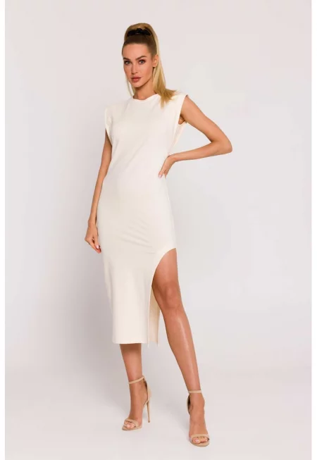 Дамска рокля - с изрезка на крака - Полиестер - Бяла