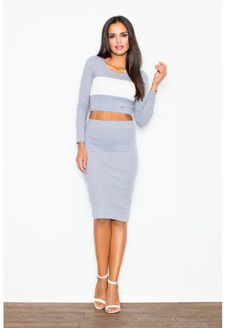 Дамски комплект костюм  къс топ и миди пола - сив - модерен