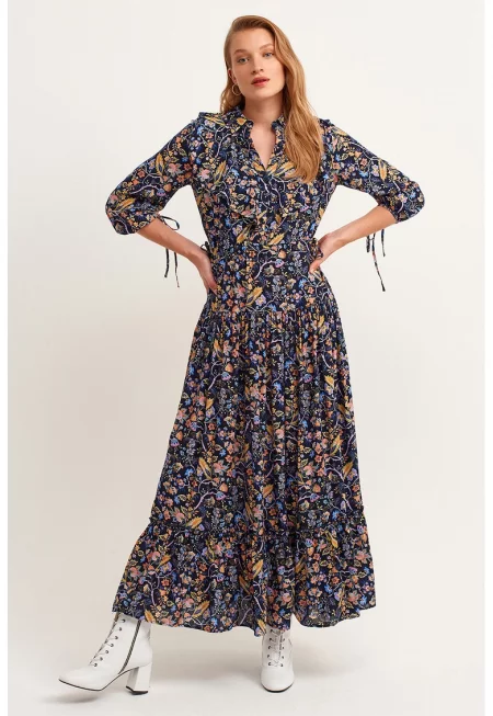 Дънлга рокля с набирания - Кафяв/Виолетов/Син