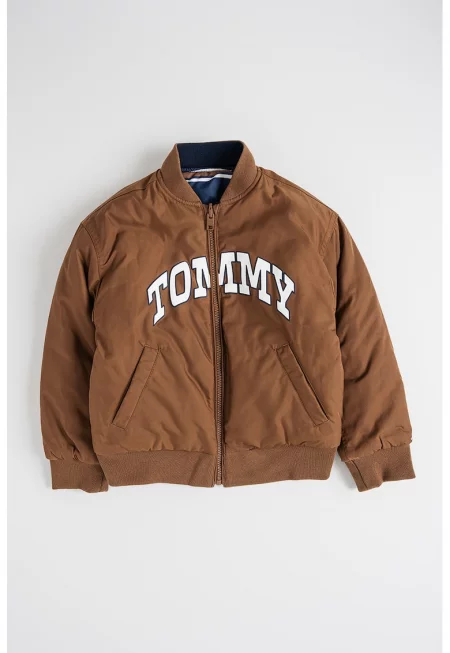 Двулицево яке с райе и лого - Бял/Светлокафяв