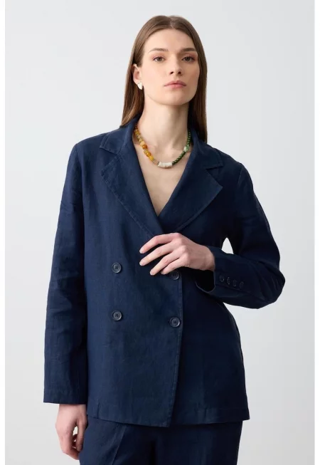 Двуредно сако с лен - Тъмносин