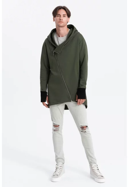 Худи с цип и асиметричен подгъв - Каки