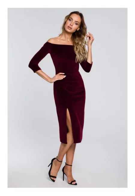 Кадифена рокля с деколте и цепка на крака - Maroon -