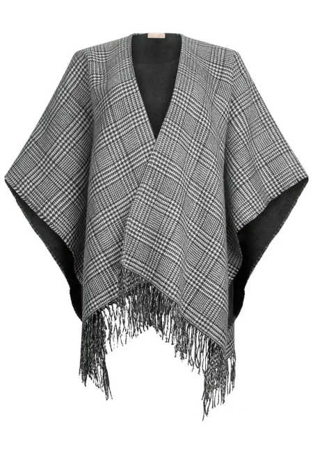 Карирано пончо с ресни - Сив