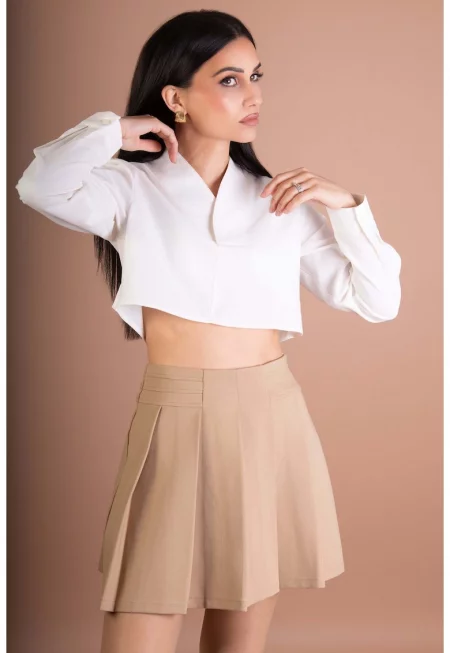 Къса блуза с дълги ръкави и шпиц - Бял -