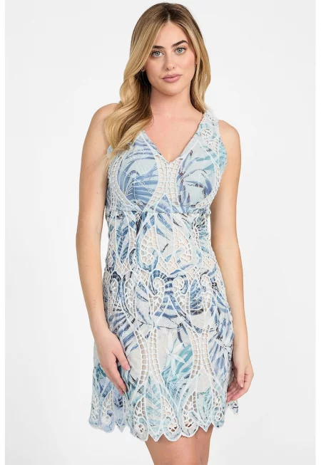 Къса рокля с шпиц и бродерии - Бял/Коняк кафяв/Лавандула