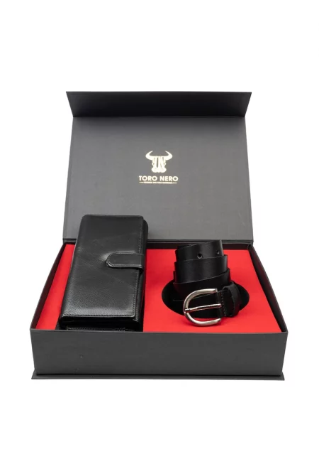 Комплект дамски портфейл и колан - естествена кожа - черен - Reset-Middle