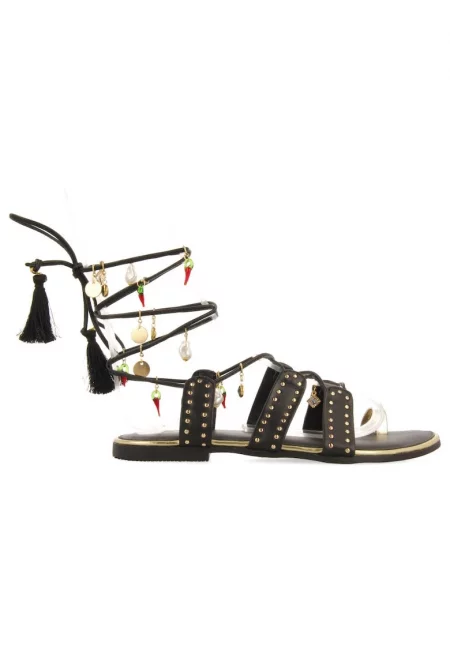 Кожени сандали с декоративни камъни - Черен