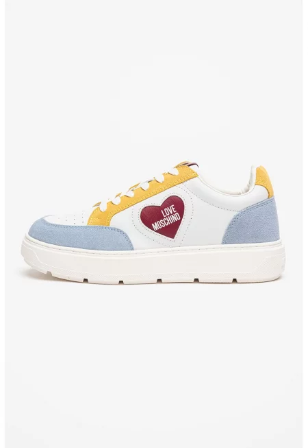 Кожени спортни обувки с равна платформа - Мръснобял/Светлосин/Синапено жълто