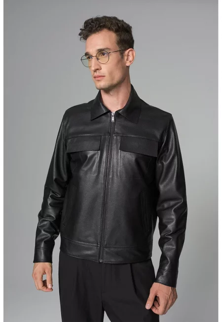 Кожено яке с джобове - Черен