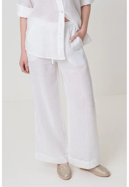 Ленен панталон със средна талия - Бял/Прозрачен