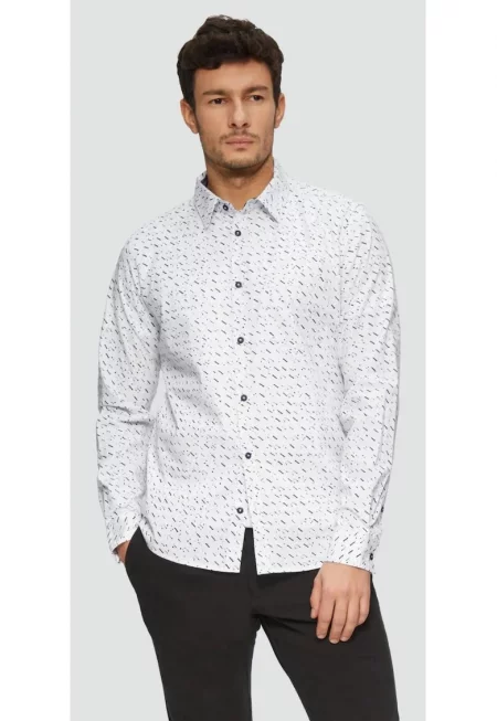 Мъжка риза с дълги ръкави - щампа на точки и вталена кройка - - Бял