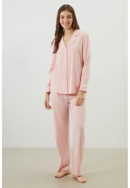 Памучна пижама със сърцевиден принт - Праскова