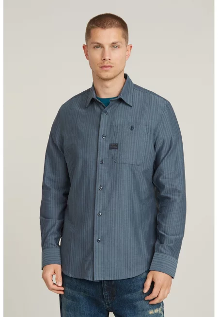 Памучна риза с принт и пришити джобове - Прашно синьо