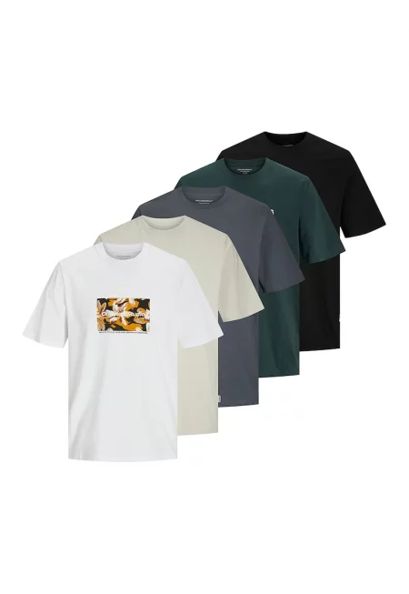 Памучни тениски - 5 броя - Черен/Бял/Аква зелено