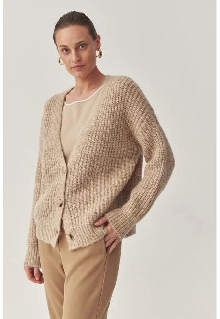 Плетена жилетка с вълна с паднали ръкави - Бежов