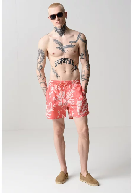 Плувни шорти с флорален принт - Бял/Яркорозово