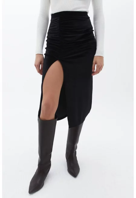 Пола с висока талия и предна цепка - Черен