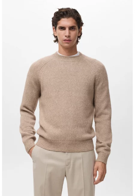 Пуловер от памук и вълна с ръкави реглан - Бежов