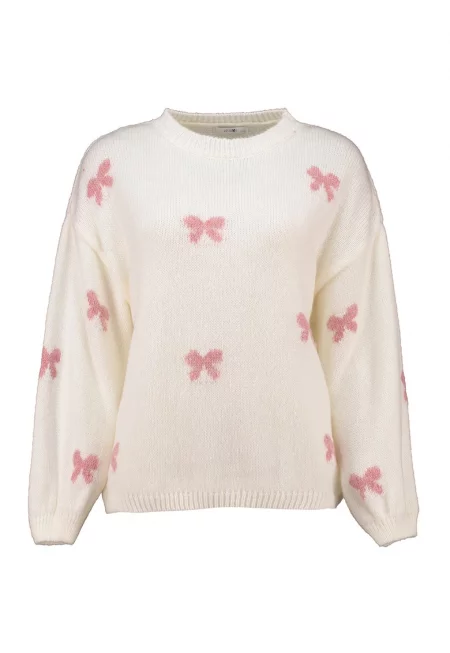 Пуловер с овално деколте и принт - Слонова кост/Пастелнорозов