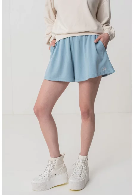 Разкроен къс панталон с връзка - Пастелносин