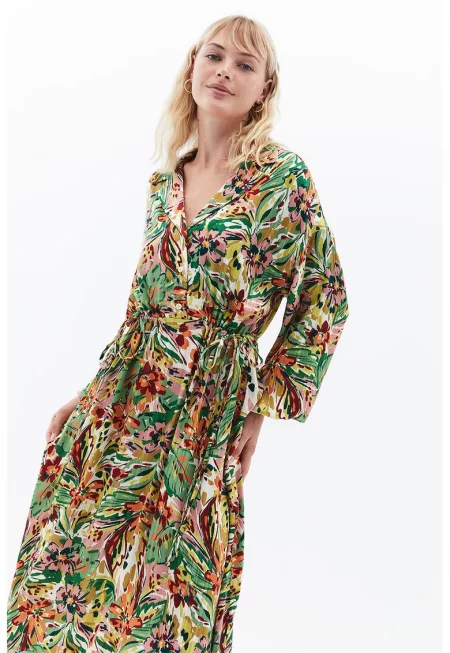 Разкроена десенирана рокля - Тъмночервен/Папратово зелено/Светло бежово