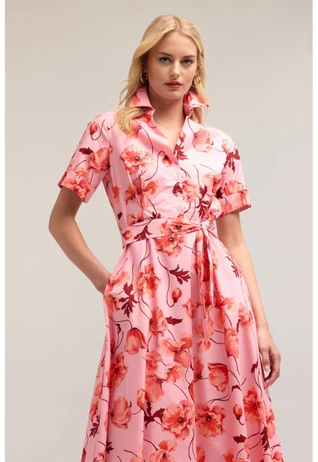 Разкроена флорална рокля - Корал/Светло червено
