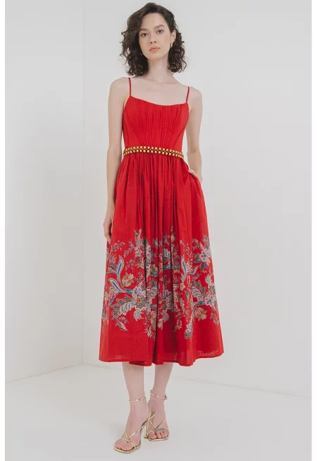 Разкроена рокля с принт - Тъмночервен